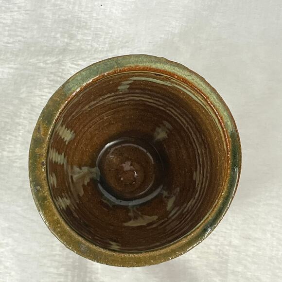 Studio Pottery Cup Handmade Stoneware Tumbler 3.5" Green Brown Ridged Glaze - Picture 5 of 9